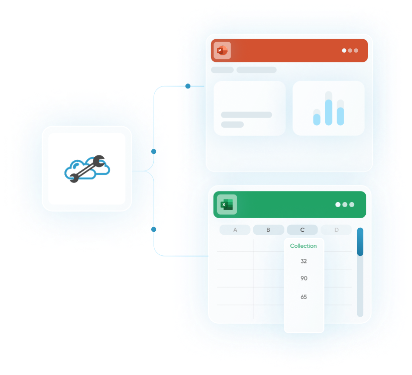SkySuite linking an Excel model to a PowerPoint deck and Word document, so a change in one updates the others